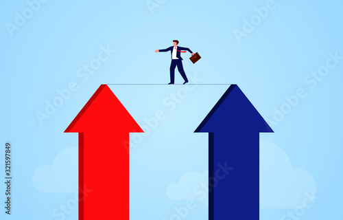 Changing form, businessman walks rope from blue arrow to red arrow