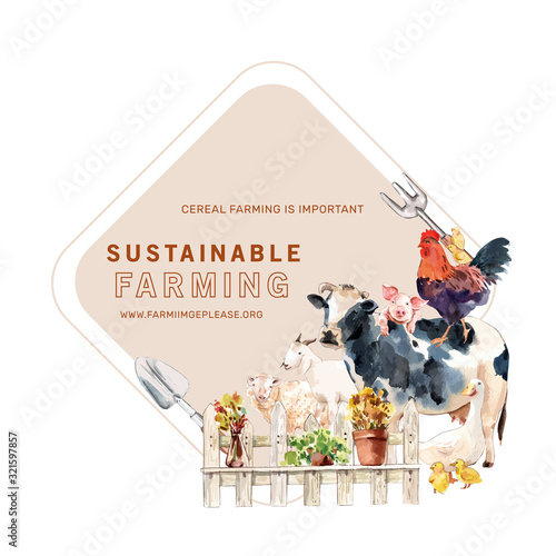 Farmer wreath design with cow, pig, goat watercolor illustration,