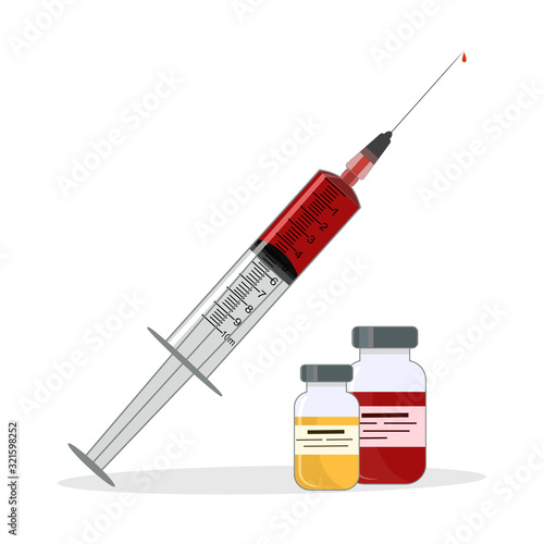 Medical syringe with red liquid isolated on white background. 