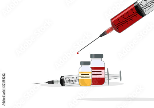 Medical syringe with red liquid isolated on white background. 