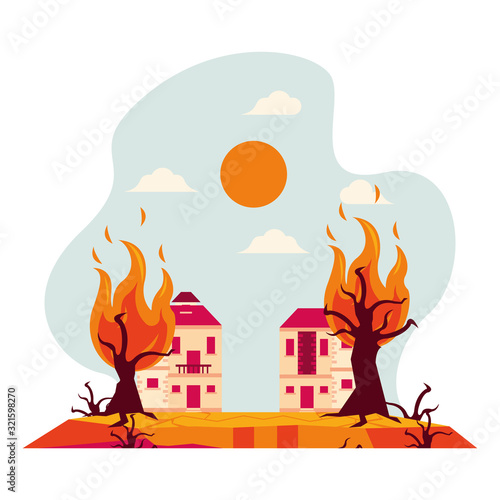 houses in fire forest dry global warming scene