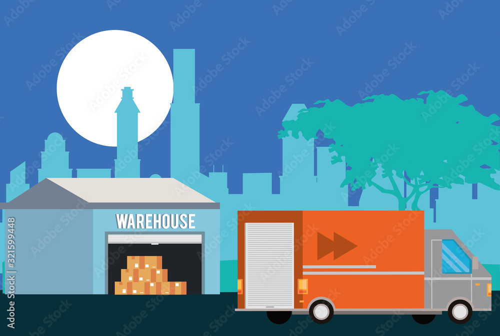 truck delivery service on the city scene