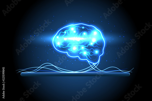Human brain on tablet. Digital human brain. artificial intelligence virtual emulation science technology concept