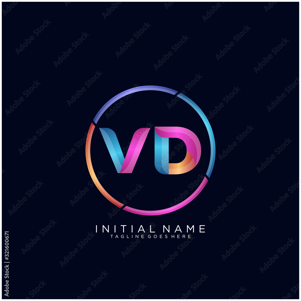 Initial letter VD curve rounded logo, gradient vibrant colorful glossy colors on black background Initial letter VD curve rounded logo, gradient vibrant colorful glossy colors on black background