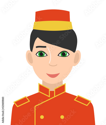 Hotel doorman in red uniform. Avatar of man in a cap and doublet. Isolated on a white background. Vector illustration.