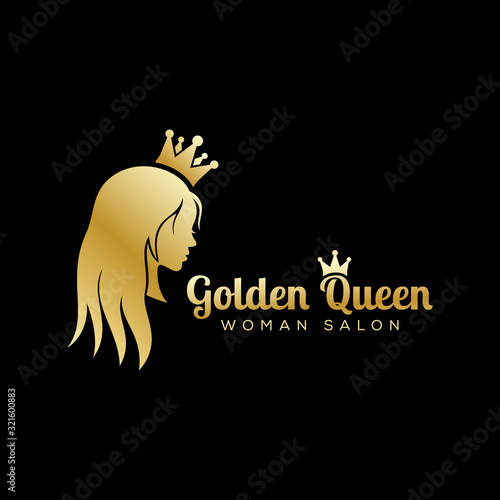 golden queen logo, luxury beauty salon logo, long hair logo design
