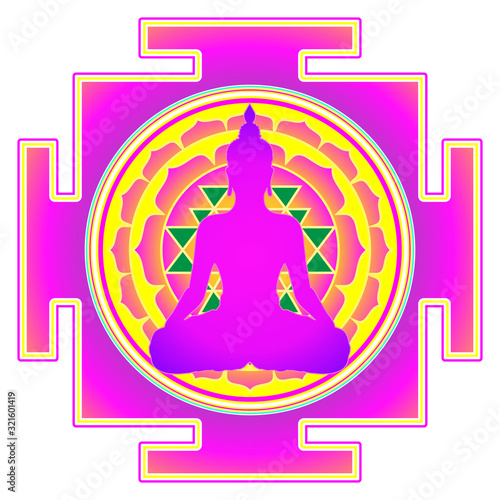 Buddha over Sri Yantra or Sri Chakra, form of mystical diagram, Shri Vidya school of Hindu tantra symbol. Sacred geometry vector design element. Vector illustration. Alchemy, occultism, spirituality.