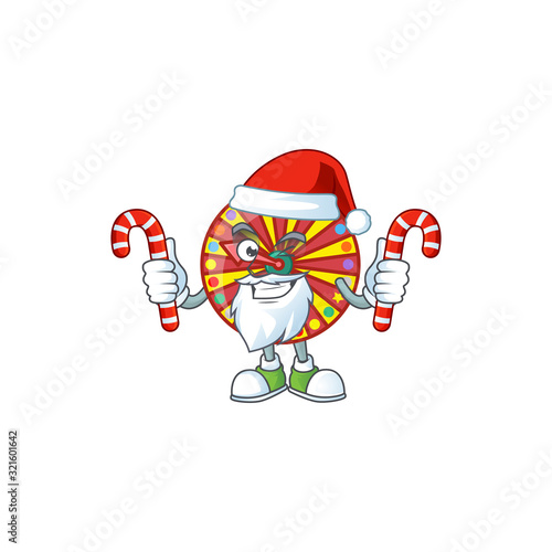 cartoon mascot style of wheel fortune in Santa costume with candy