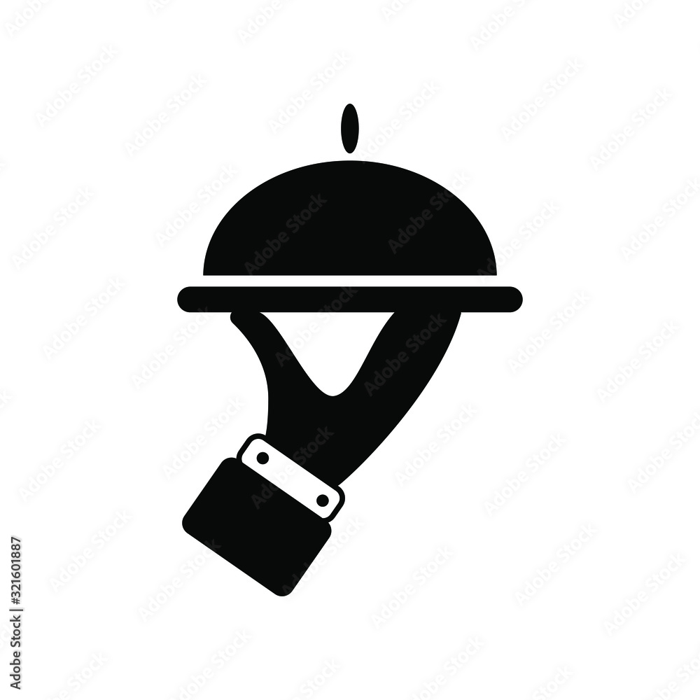 Hand of waiter with serving tray icon. Isolated symbol on white background. Black vector illustration. Hand of waiter with serving tray icon. Isolated symbol on white background. Black vector illustration.