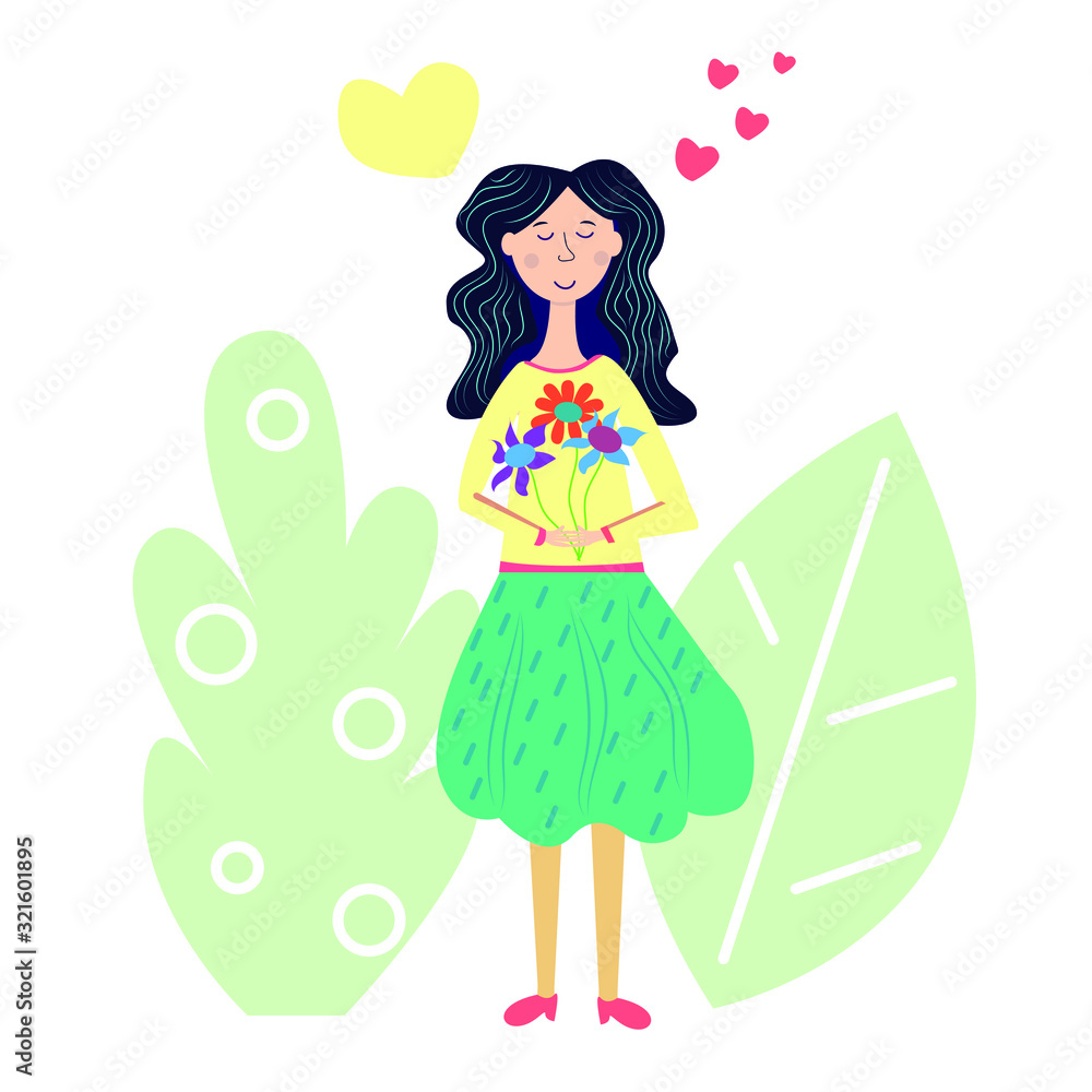 Pretty woman in love with flowers and hearts, cartoon style vector illustration for design valentines day, woman day and mothers day. Pretty woman in love with flowers and hearts, cartoon style vector illustration for design valentines day, woman day and mothers day.