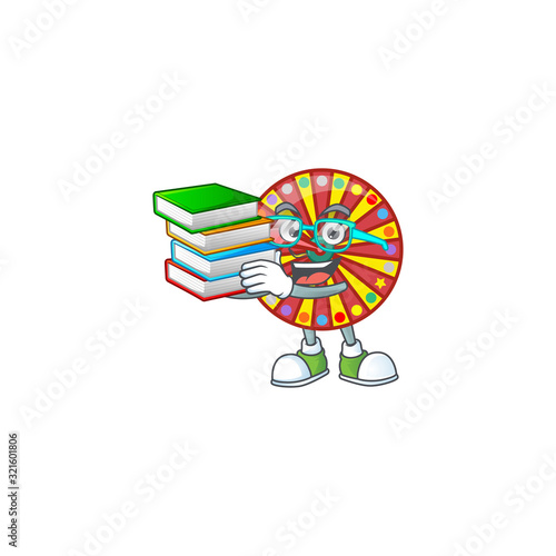 A brainy clever cartoon character of wheel fortune studying with some books