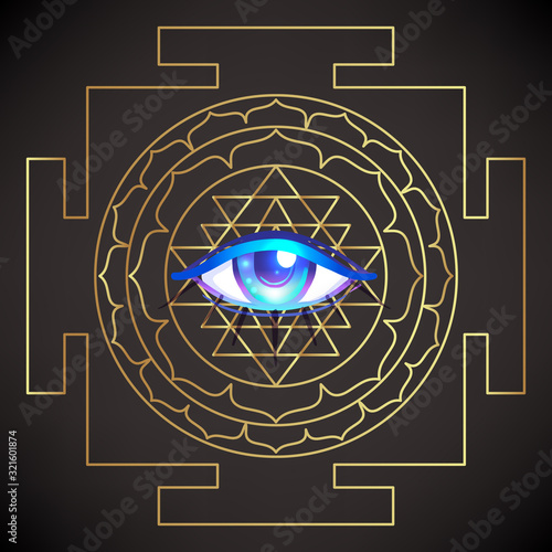 All seeing eye. Sri Yantra or Sri Chakra, form of mystical diagram, Shri Vidya school of Hindu tantra symbol. Sacred geometry vector design element. Vector illustration. Alchemy, occultism, spiritual