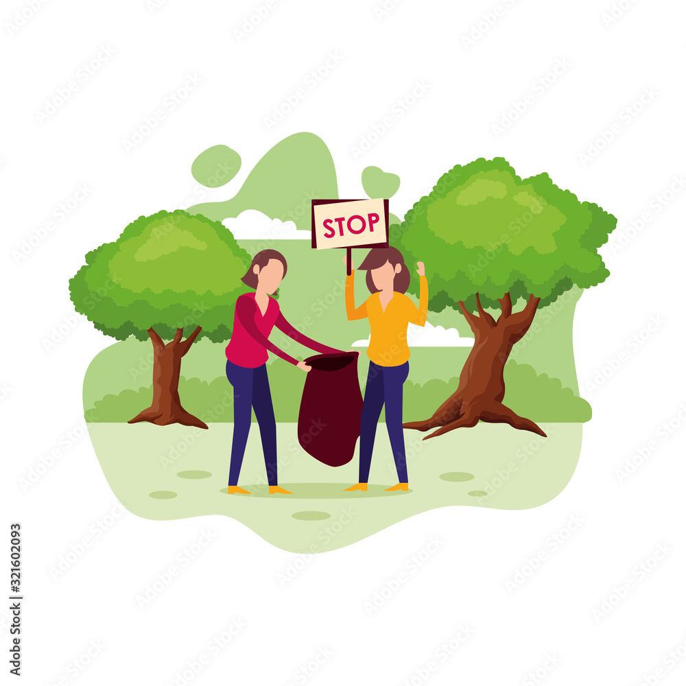 young women protesting with stop label characters young women protesting with stop label characters