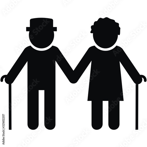 Couple of old people, man and woman with stick. Black silhouette of two person on white background.
