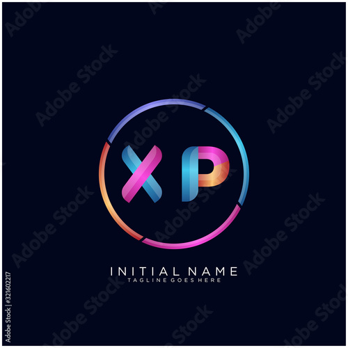 Initial letter XP curve rounded logo, gradient vibrant colorful glossy colors on black background