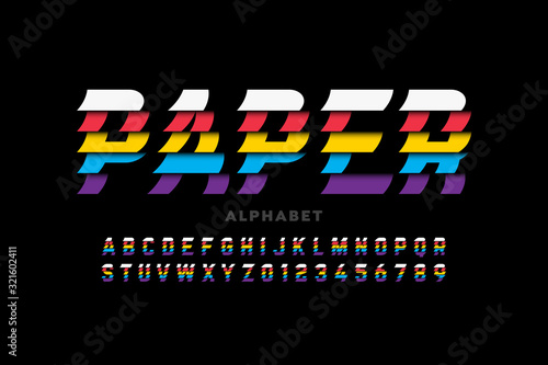 Glued paper sheets style font, alphabet letters and numbers