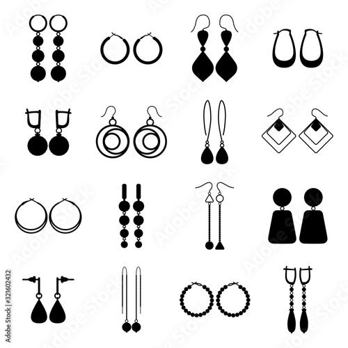 Fototapeta Set of black silhouettes of earrings, vector illustration