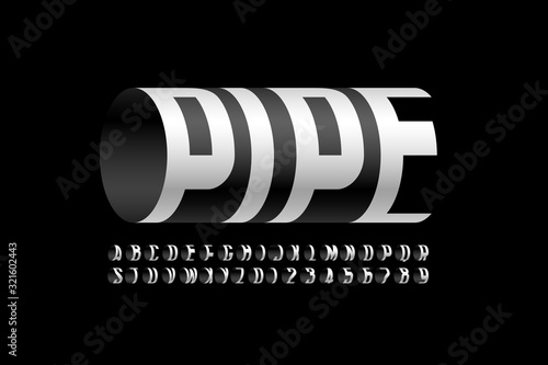 Modern font Pipe, three-dimensional alphabet letters and numbers