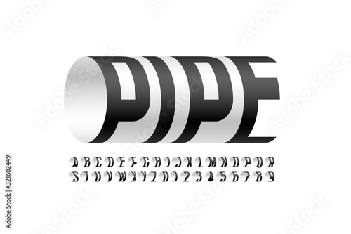 Modern font Pipe, three-dimensional alphabet letters and numbers