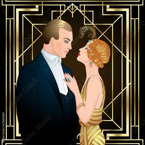 Beautiful couple in art deco style. Retro fashion, glamour man and woman of twenties. Vector illustration. Flapper 20s style. Vintage party or thematic wedding invitation design template.