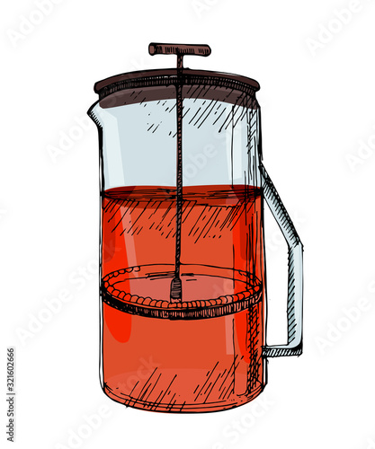 Tea french press hand drawn sketch illustration.Colorful detailed sketch style.Way to brew coffee or tea. Vector Illustration isolated on white background