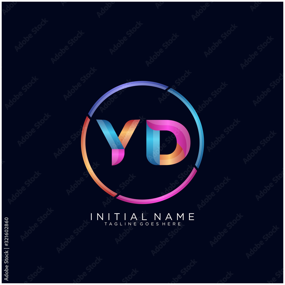 Initial letter YD curve rounded logo, gradient vibrant colorful glossy colors on black background