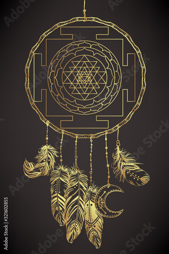 Dream catcher with Sri Yantra or Sri Chakra inside. Form of mystical diagram, Shri Vidya school of Hindu tantra symbol. Sacred geometry vector design element. Vector illustration.