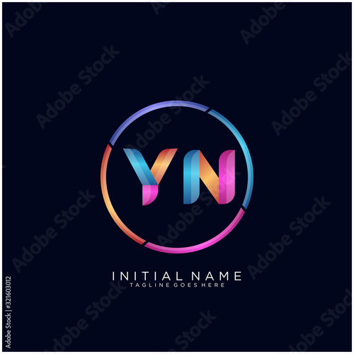 Initial letter YN curve rounded logo, gradient vibrant colorful glossy colors on black background