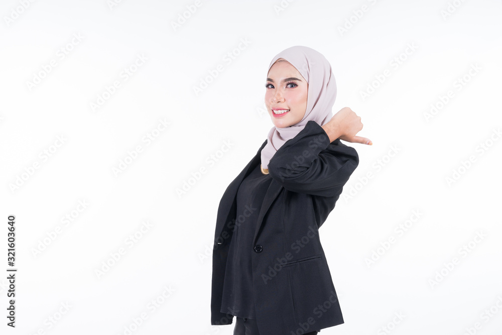 Half length portrait of an attractive Muslim businesswoman wearing hijab with mixed poses and gestures isolated on white background. For image cutout for corporate, technology, business or finance. Half length portrait of an attractive Muslim businesswoman wearing hijab with mixed poses and gestures isolated on white background. For image cutout for corporate, technology, business or finance.