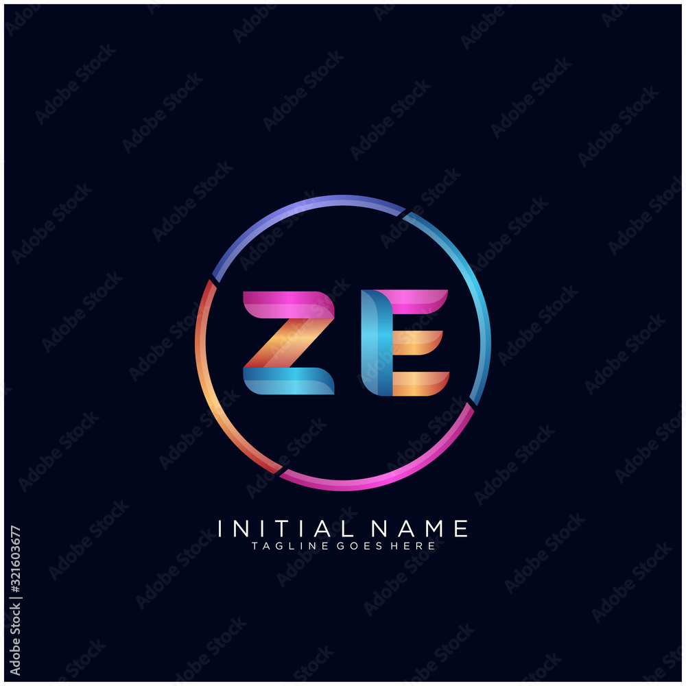 Obraz premium Initial letter ZE curve rounded logo, gradient vibrant colorful glossy colors on black background