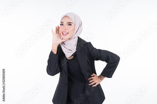 Half length portrait of an attractive Muslim businesswoman wearing hijab with mixed poses and gestures isolated on white background. For image cutout for corporate, technology, business or finance.