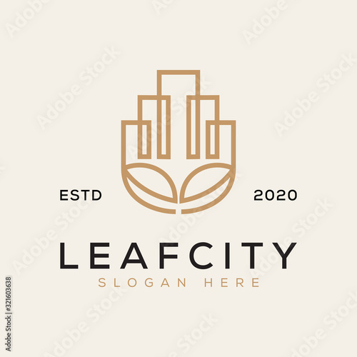 modern leaf city logo, green city monoline logo design photo