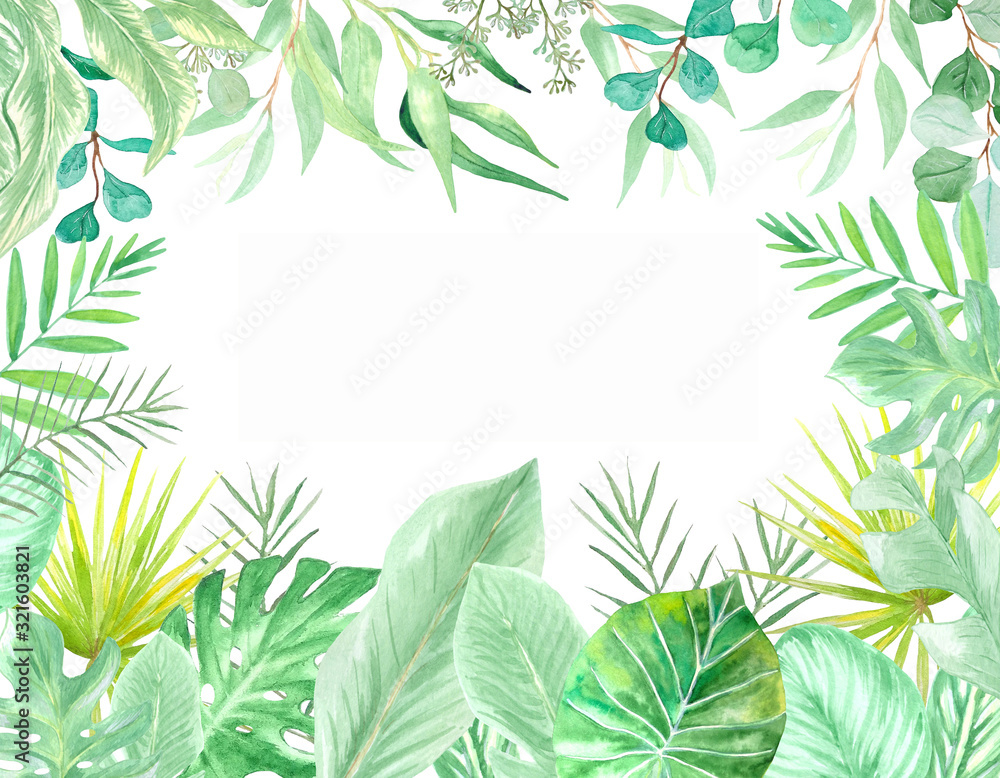 Watercolor exotic background of green tropical leaves. Perfect for decorating the exotic design of cards, invitations, photo albums, scrapbooking, souvenirs and more.