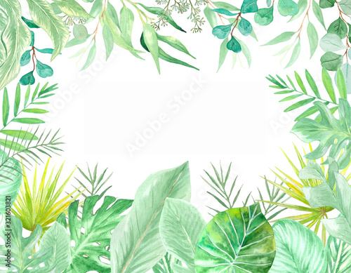 Watercolor exotic background of green tropical leaves. Perfect for decorating the exotic design of cards, invitations, photo albums, scrapbooking, souvenirs and more.