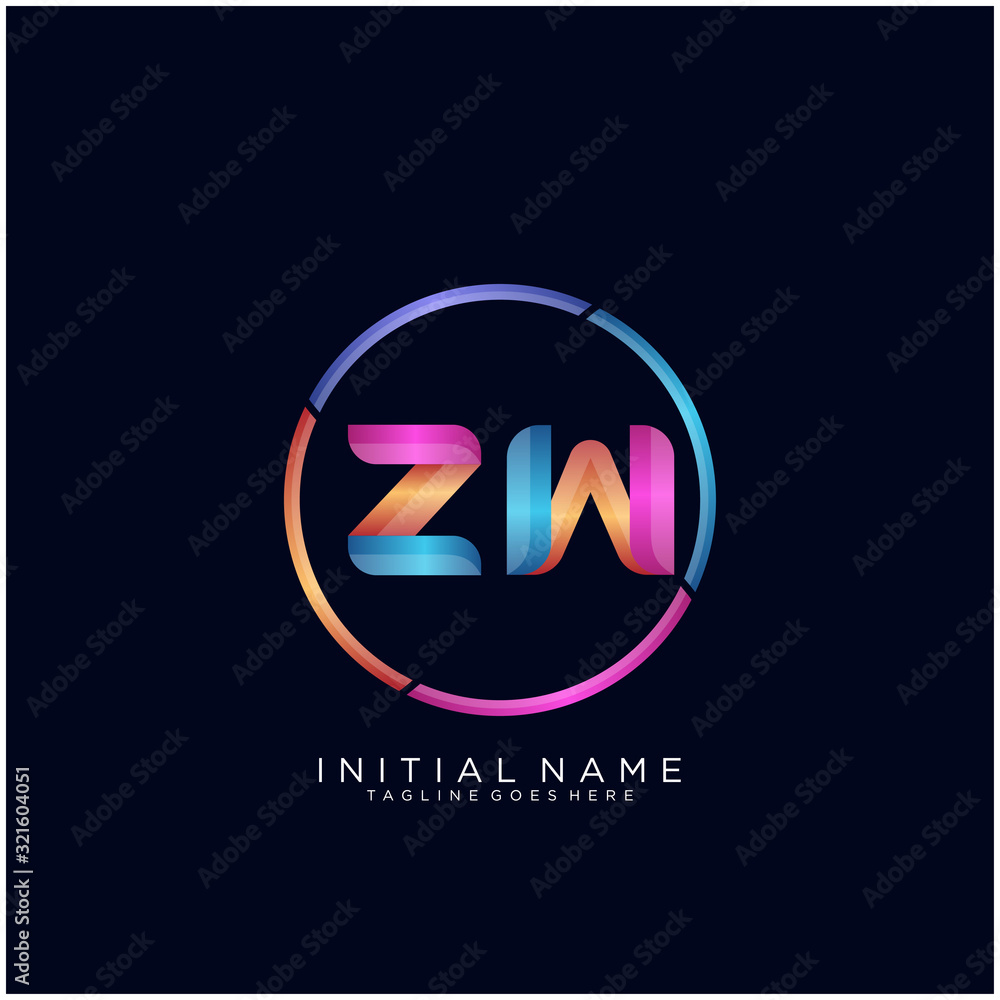 Initial letter ZW curve rounded logo, gradient vibrant colorful glossy colors on black background