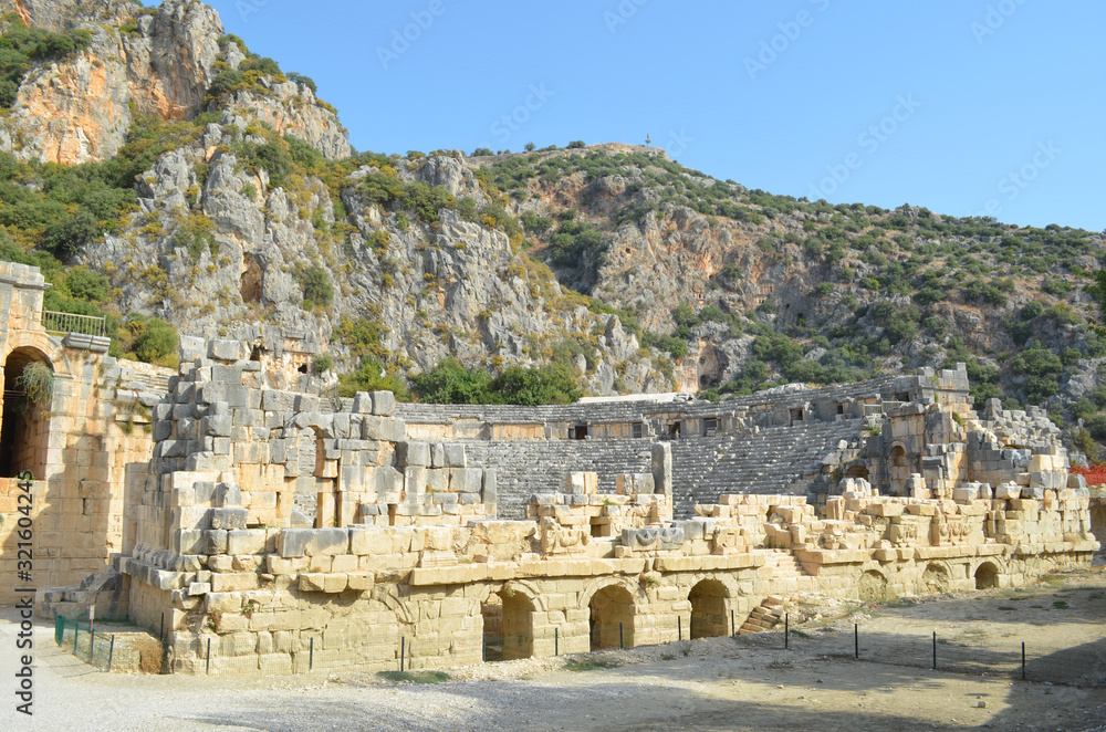 Ancient architecture in Demre. Lycian necropolis with tomb carved in rocks in Mira