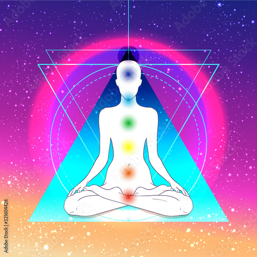 Yoga silhouette over colorful neon vibrant background. Vector illustration. Vintage composition. Indian, Buddhism, Spiritual motifs. Tattoo, yoga, spirituality. Futuristic vector in 1990s style.