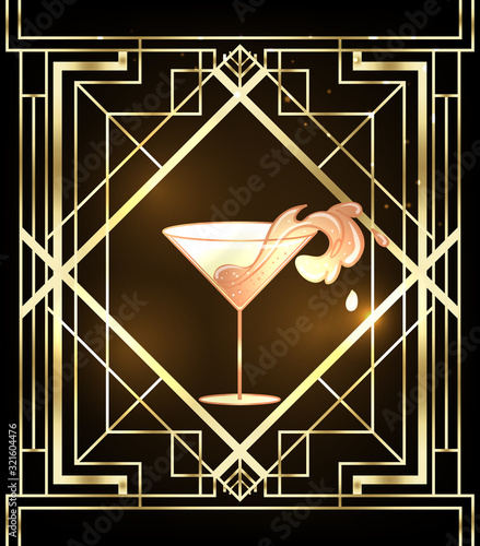 Little party never killed nobody. Female hand holding cocktail glass with splash. Art deco 1920s style vintage invitation template design for drink list, bar menu, glamour event, thematic wedding.