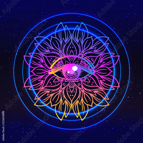 Sacred geometry symbol with all seeing eye in acid colors. Mystic, alchemy, occult concept. Design for indie music cover, t-shirt print, psychedelic poster, flyer. Astrology, esoteric, religion.