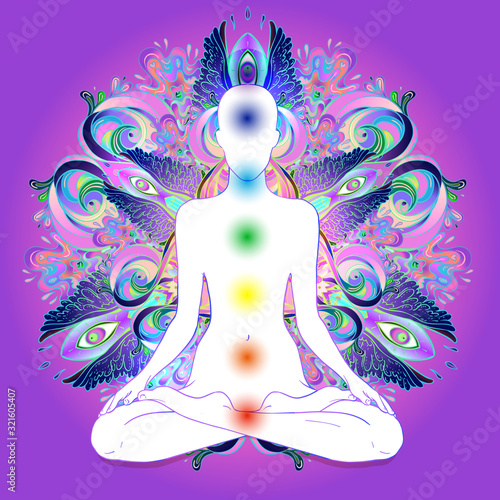 Beautiful Caucasian Brunette Girl sitting in Lotus pose with ornate mandala on background. Vector illustration. Spa consent, yoga studio, or natural medicine clinic.