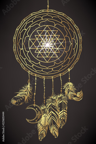 Dream catcher with Sri Yantra or Sri Chakra inside. Form of mystical diagram, Shri Vidya school of Hindu tantra symbol. Sacred geometry vector design element. Vector illustration.