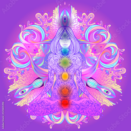 Beautiful Caucasian Brunette Girl sitting in Lotus pose with ornate mandala on background. Vector illustration. Spa consent, yoga studio, or natural medicine clinic.