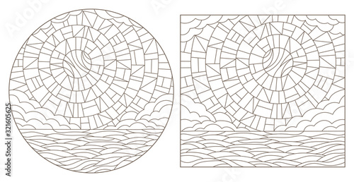 Set contour illustrations of the stained glass Windows with the heavenly landscapes, dark outlines on a white background