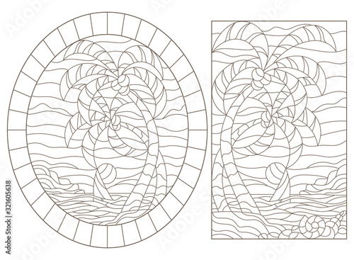 Set contour illustrations of the stained glass Windows of tropical landscapes ,island with palm trees against the sky, ocean and sun