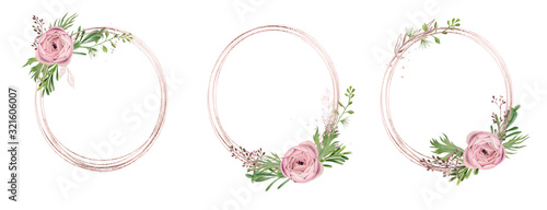 Three golden frames decorated with watercolor floral elements
