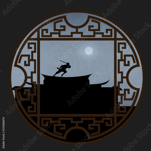 A Japanese Ninja On The Roof Under The Moonlight