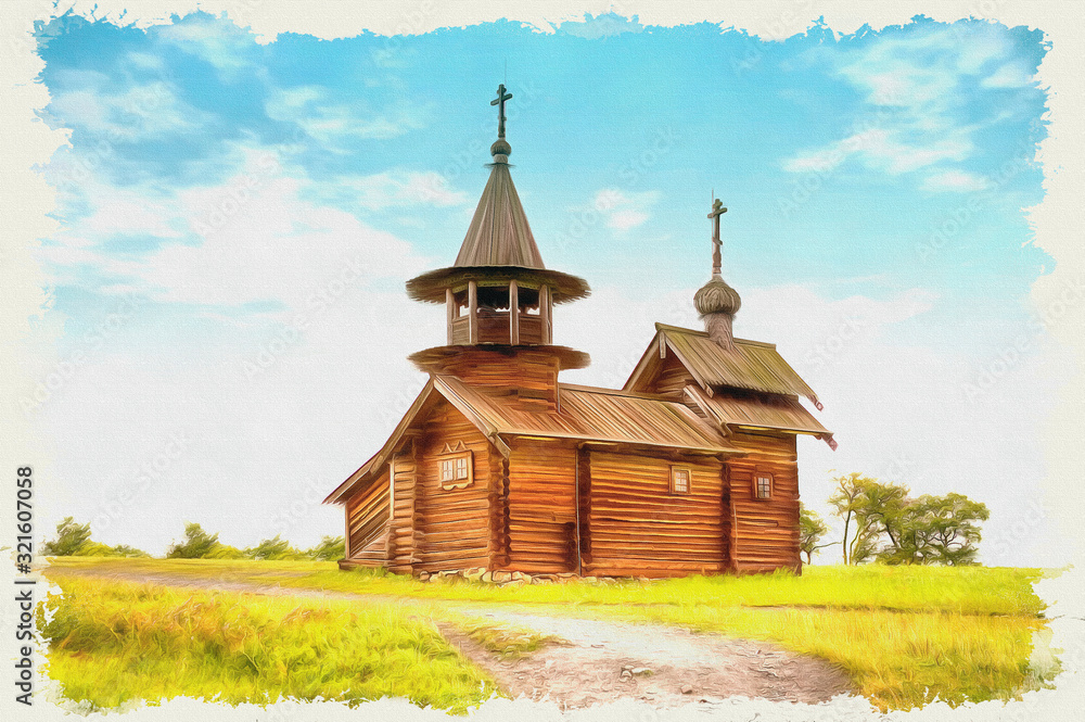 Kizhi. Old wooden church. Imitation of a picture. Oil paint. Illustration Kizhi. Old wooden church. Imitation of a picture. Oil paint. Illustration