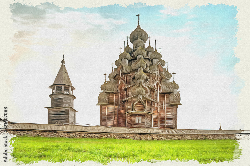 Obraz premium Kizhi. Ancient church of Transfiguration. Imitation of a picture. Oil paint. Illustration