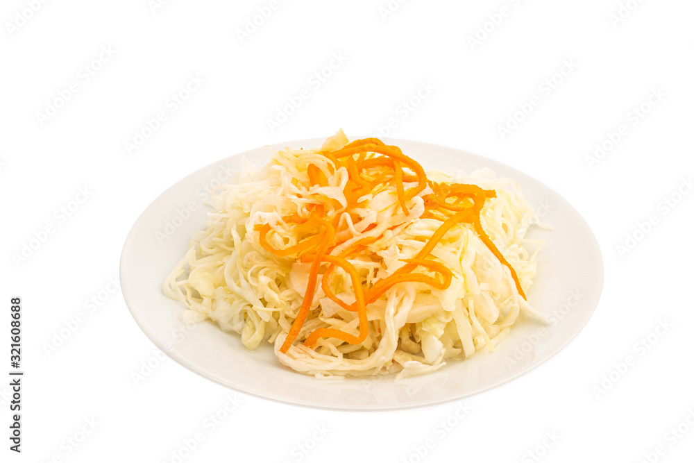 sliced sauerkraut and carrots on a white plate isolated sliced sauerkraut and carrots on a white plate isolated