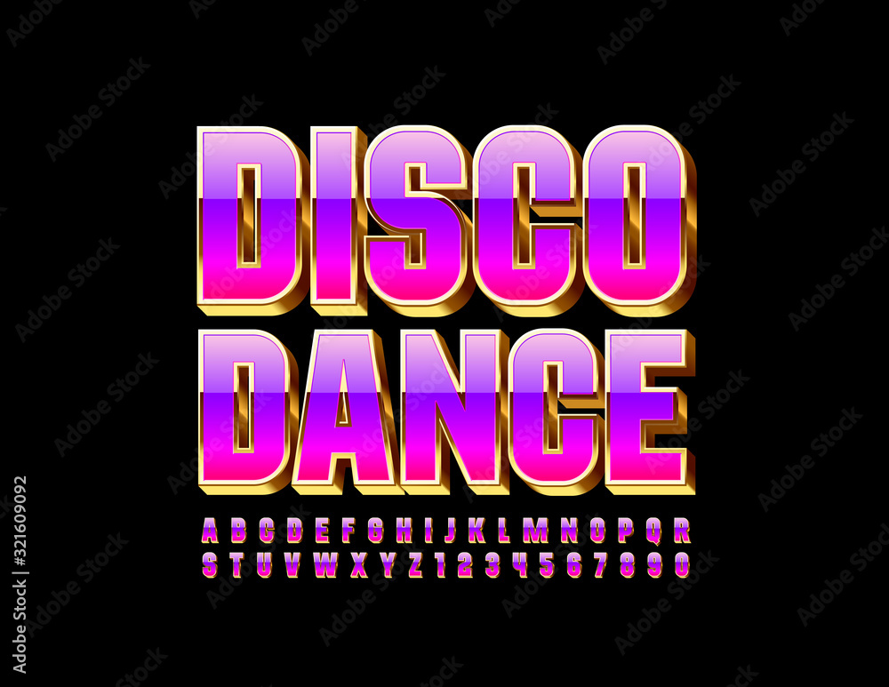 Vector bright logo Disco Dance. Colorful Uppercase Font. Chic Modern Alphabet Letters and Numbers.